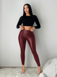 SHEIN SXY Solid Color Fitted Ruched Versatile Leather Street Leggings - Red - View 8