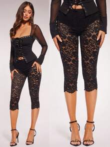 Radiana Women's Sexy Elegant Distinctive Black Lace Leggings, Fashionable Sexy 3/4 Length Skinny Pants, Lace 3/4 Leggings, Black 3/4 Pants, Black Sheer Leggings - Black - View 1