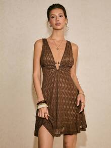 Poéselle 女士纹理深V领无袖迷你连衣裙 - 棕色 - 查看 6