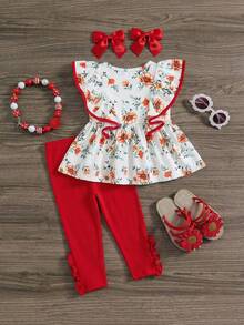 SHEIN Babygirl Summer Vacation Knit Floral Print Ruffle Trim Top And Elastic Waist Pants Set - Red - View 2