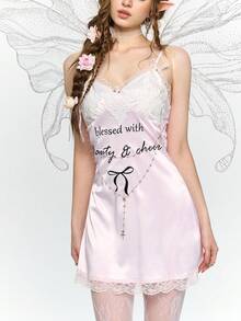 ROMWE Fairycore 女士缎面撞色蕾丝蝴蝶刺绣链条迷你连衣裙 - 彩色 - 查看 3