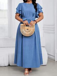 SHEIN Lady Đầm thanh lịch màu trơn tay bèo nhún thắt eo dành cho nữ cỡ lớn - Màu xanh lam - Xem 6