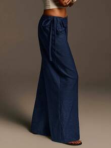 Athîral Pantalones anchos casuales de mujer con cintura con cordón, diseño de pliegue en la cintura, ajuste holgado, tela tejida cómoda y suave, casual para mujer, pantalones casuales para mujer, playa, vacaciones de primavera, mujer de primavera, vacaciones de verano, pantalones de playa, pantalones azules, vacaciones de verano, verano para mujer, vacaciones para mujer - Azul - Ver 6