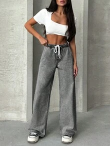 EURMUSE WOMEN Elastic Waist & Belted Cargo Denim JEANS MID WAIST - Grey - View 3