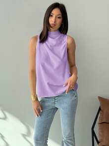Aloruh Blusa tejida con pliegues en H sin mangas de estilo minimalista y de uso diario, color blanco, para primavera/verano - Morado Violeta - Ver 3