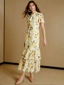 ZEYLAH Váy họa tiết hoa thanh lịch dành cho nữ, mùa hè - Màu vàng - Xem 5