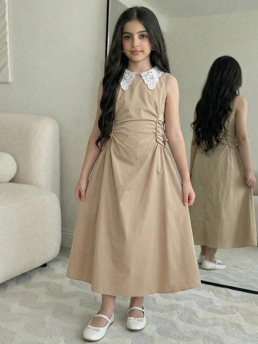SHEIN Tween Girl Elegant Color Block Sleeveless Cinched Waist Mid-Length Dress - Black - View 1