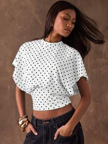 SHEIN BAE Women's Polka Dot Fitted Short Sleeve Fashionable Cropped Summer T-Shirt - White - View 7