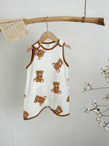 SHEIN 新生儿男/女宝宝可爱卡通熊印花无袖连体衣，夏季 - 棕色 - 查看 6