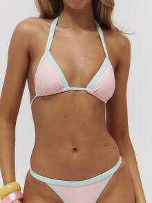 Musera Resort Bộ bikini buộc dây cổ yếm, viền dày, chi tiết tương phản, đồ bơi mùa hè, đi biển, nghỉ mát, gợi cảm, dễ thương, du lịch Bambola - Hồng - Xem 2