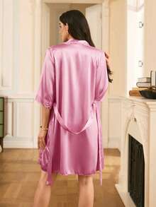 Elegant French Luxurious Comfortable Sexy V-Neck Camisole And Lace Trim Robe Sleepwear Set, Pink - Pink - View 2