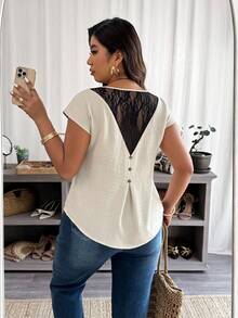 Weeklong Áo sơ mi cổ tròn chất liệu linen-cotton phối ren, có chi tiết ren phía sau - Áo sơ mi thời trang thanh lịch cỡ lớn dành cho công sở và trang phục thường ngày vào mùa xuân và mùa hè. - Màu be - Xem 4