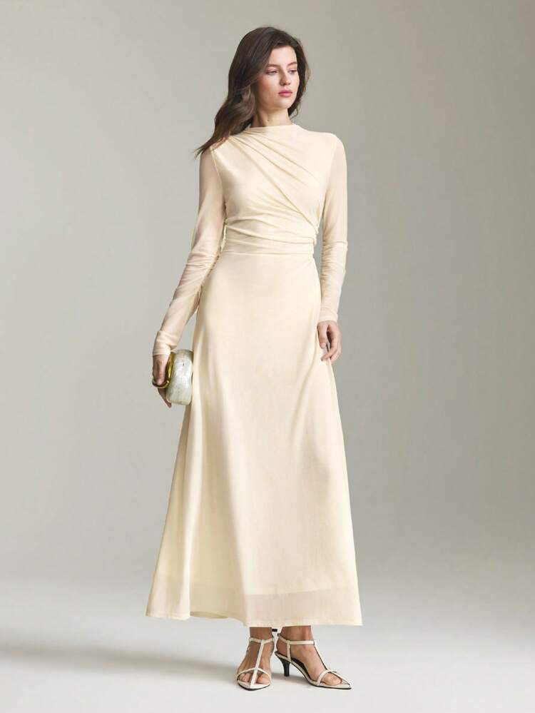 2026SS New Summer Maxi Dress, Women's Extra Long Dress, Minimalist High-End Design Versatile For Daily Wear, Apricot Color, Soft Knit Fabric, Stand Collar, Fitted Silhouette, Women's Long Dress, Business Casual, Office Commute, Daily Wear, Korean Style, Romantic Date, Holiday Party, Wedding Guest, Women's Office Outfit, Best-Selling Solid Color Versatile Women's Extra Long Dress