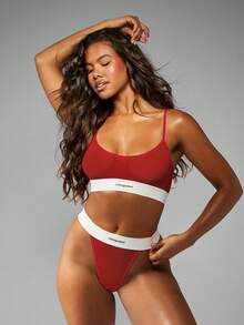 MISSGUIDED Branded Scoop Neck Mesh Bralette With Contrast White Band Comfort Fit Everyday Bra Intimate Apparel Lingerie - Red - View 4