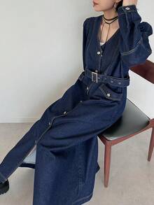 FRIFUL Women's Casual Commuter Front Button Long Denim Dress - Blue - View 7