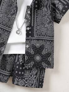 SHEIN 男生 Paisley 印花襯衫&短褲&背心 - 黑與白 - 查看 3