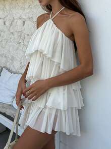Pariaura Women's Solid Color Layered Halter Casual Mini Dress - White - View 3