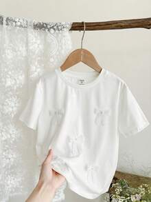 LMoss Kids Young Girls' Solid Color Round Neck Short Sleeve Bow Decor Casual T-Shirt, Summer - White - View 3