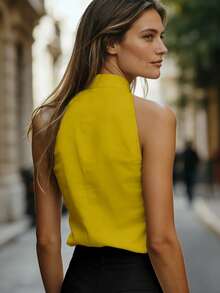 Balvessa Women's Sleeveless Stand Collar Linen-Like Casual Tank Top, Versatile And Slimming For Commuting - Yellow - View 2