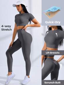 Gameset SHEIN Sport 无缝弹力女式纯色短袖上衣和裤子运动套装女式运动套装健身服女式健身装备女式运动服女式运动服锻炼 - 深灰色 - 查看 2