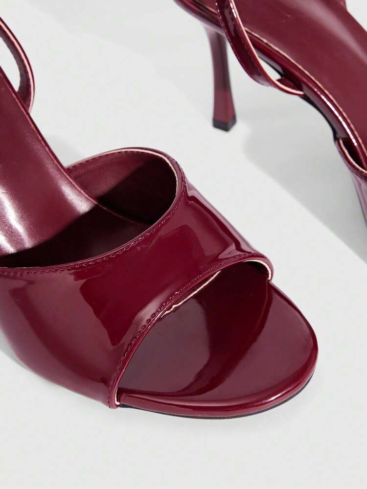 CUCCOO SZL Ladies Fashion Round Toe Burgundy Patent Leather Sexy Elegant Evening Party Style Fine Heel High Heel Sandals Prom Heels