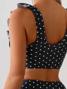 Swim Basics 两件套女士夏季沙滩优雅简约黑白波点荷叶边吊带褶皱上衣和高腰褶皱三角泳裤泳装套装，高腰比基尼套装，波点泳衣，高腰泳装套装，波点比基尼泳装两件套 - 黑與白 - 查看 4