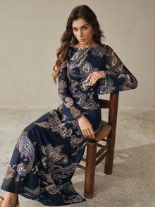 Anewsta Đầm ôm dáng thanh lịch, thiết kế eo thon, họa tiết hạt điều ngẫu nhiên, trang phục đi nghỉ mát cho nữ, thích hợp từ mùa xuân đến mùa hè. - Màu xanh hải quân - Xem 4