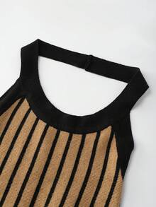 SHEIN Franclia Women Striped Halter Neck Sleeveless Fashionable Knitted Sweater Dress - Brown - View 4