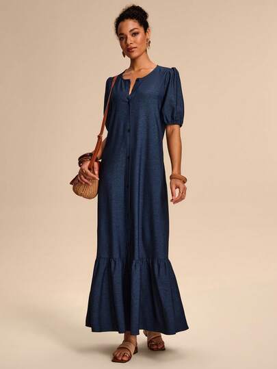 Breezaya Women's Denim Effect Fabric Open Front Split Hem Design Elegant Minimalist Blue Long Sleeve Dress