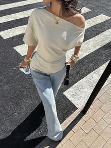 Siren Gaze 1件女士时尚纯色不对称肩部修身衬衫 - 杏色 - 查看 6