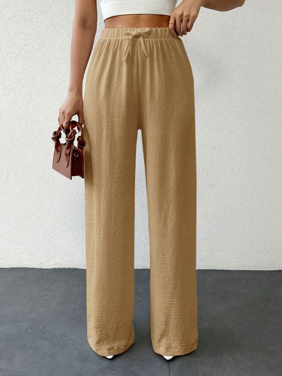SHEIN Tall Tall Cottonline Knot Solid Color Casual Women's Pants - Brown - View 1