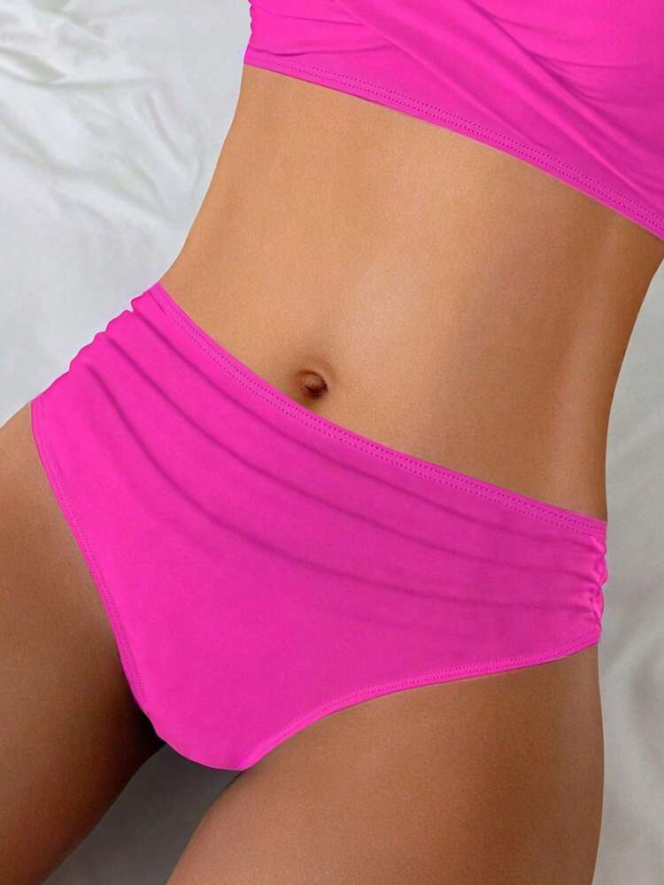 Swim Lushoire New V-Neck Solid High Waist Bikini Two Pieces Swimsuit, Beach Summer Outfits For Women - Hot Pink - View 6