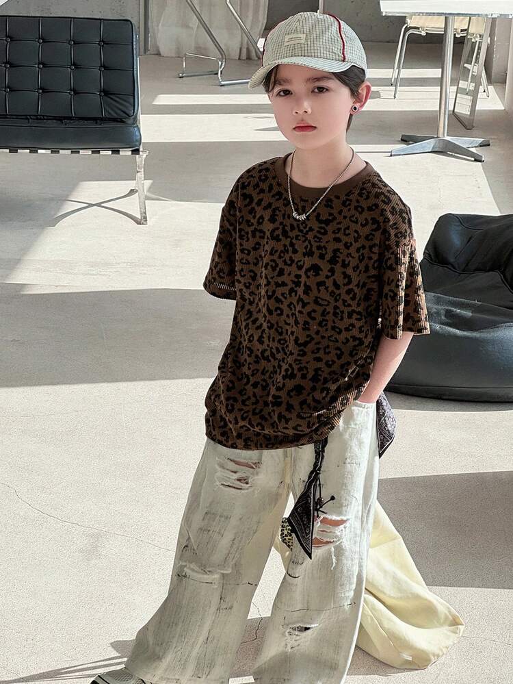Tween Boy Leopard Print Round Neck Short Sleeve Casual T-Shirt