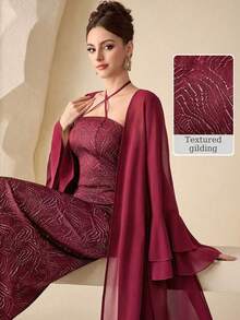 Modelyn Conjunto elegante de 2 piezas para mujer: Chaqueta de manga larga de gasa en borgoña y vestido de línea A con cintura ceñida y escote halter metálico, para primavera/verano - Burdeos - Ver 1