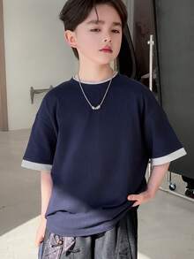 DAZY 男童撞色滚边圆领休闲宽松T恤 - 藏蓝色 - 查看 6