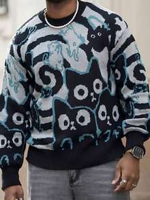 Heavens Edit Men's Casual Loose Kitten Graphic Knit Sweater, Crew Neck Long Sleeve Pullover, Streetwear For Autumn/Winter - Grey - View 5