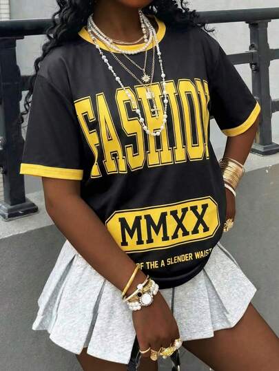 Rovax Black & Yellow Contrast Letter Print Women T-Shirt, Retro American Streetwear Style Casual Round Neck Short Sleeve Top