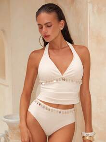 Swim Chiccia 2pcs Elegant Solid Color Ribbed Halter Neck Swimwear Top And High Waist Bikini Bottom Set - Multicolor - View 5