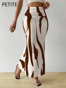 SHEIN PETITE Women's Summer Abstract Striped Print Ruched Fishtail Hem Vacation Brown Skirt - Coffee Brown - View 3