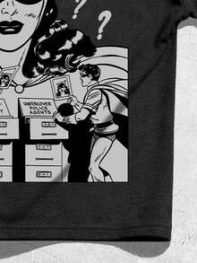 ROMWE MEN Batman X ROMWE 男士休闲宽松动漫人物及标语印花黑色T恤，时尚街头风，适合日常通勤和夏季穿着 - 黑色 - 查看 4