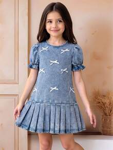 Young Girl' White Ribbon Bow Accent Blue Denim Ruffle Trim Puff Sleeve Dress - Light Wash - View 8