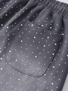 ROMWE MEN Street Life Pantalones cortos con cordón en la cintura, bolsillos y estampado de rhinestones para hombres - Gris - Ver 5