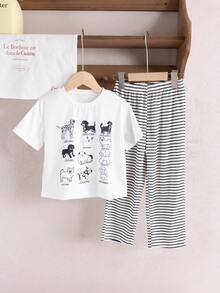 幼儿男童时尚卡通小狗印花圆领韩版短袖T恤和宽松条纹直筒裤睡衣套装 - 白色 - 查看 1