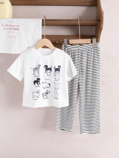 Toddler Boys' Fashionable Cartoon Puppy Print Round Neck Korean Style Short Sleeve T-Shirt And Loose Striped Straight Leg Pants Pajama Set