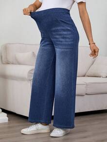 SHEIN Umstandsjeans mit elastischem Bund, verwaschenem Katzenwischer-Effekt und geradem Bein, ideal für Frühling bis Sommer, Valentinstag, Karneval, Pendeln, Urlaub, Abschluss, Chic Y2K, niedliche Streetwear, Party, Hochzeit, elegante Business-Lässig, vielseitige Umstandsjeans mit weitem Bein, blaue Jeans mit elastischem Bund für Schwangerschaftskomfort - Blau - Übersicht 1