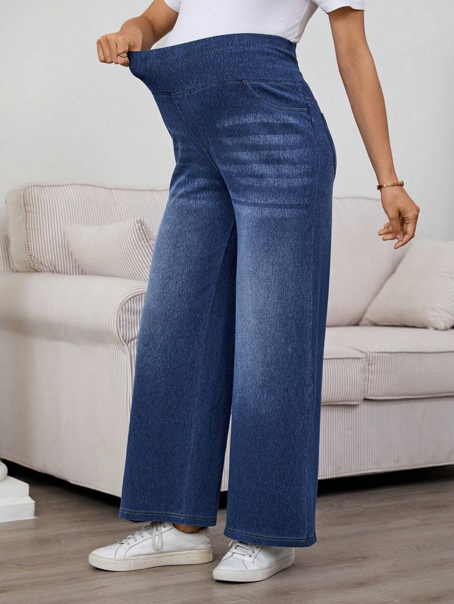 SHEIN Umstandsjeans mit elastischem Bund, verwaschenem Katzenwischer-Effekt und geradem Bein, ideal für Frühling bis Sommer, Valentinstag, Karneval, Pendeln, Urlaub, Abschluss, Chic Y2K, niedliche Streetwear, Party, Hochzeit, elegante Business-Lässig, vielseitige Umstandsjeans mit weitem Bein, blaue Jeans mit elastischem Bund für Schwangerschaftskomfort - Blau - Übersicht 1