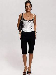 SHEIN BAE Áo hai dây chấm bi viền ren thanh lịch và thoải mái dành cho nữ, thích hợp cho mùa xuân và mùa hè, áo corset chấm bi, trang phục mùa xuân cho nữ, kỳ nghỉ xuân, ngày Valentine, áo dự tiệc thanh lịch, áo chấm bi. - Đen và trắng - Xem 8