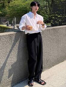 DAZY Pantalones negros lisos para hombre con cintura ajustable, para primavera/verano - Negro - Ver 4