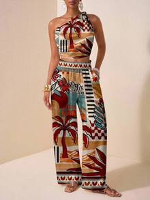 Zivah 春夏新款生日派对返校学生日常街头百搭休闲度假单肩扭结印花上衣搭配直筒宽松裤，荷叶边设计，带真口袋夏季女式两件套印花套装女式两件套夏季嘉年华服装 - 彩色 - 查看 5