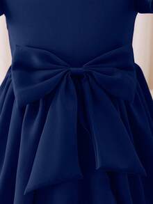 Glamorique Kids Đầm satin tay ngắn màu đỏ tía cao cấp, thanh lịch dành cho bé gái, trang phục dự tiệc. - Màu xanh hải quân - Xem 4